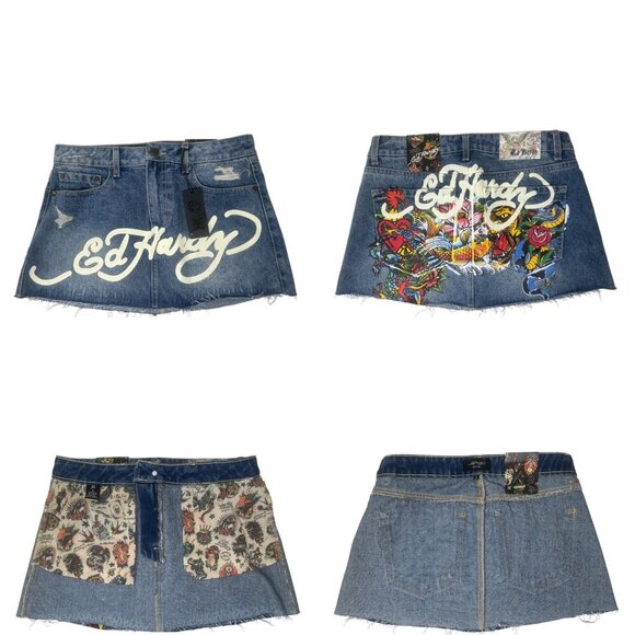 New Ed Hardy Tattoo Denim Jean Mini Skirt Size M Y2K Streetwear Edgy Grunge Punk - Picture 15 of 16